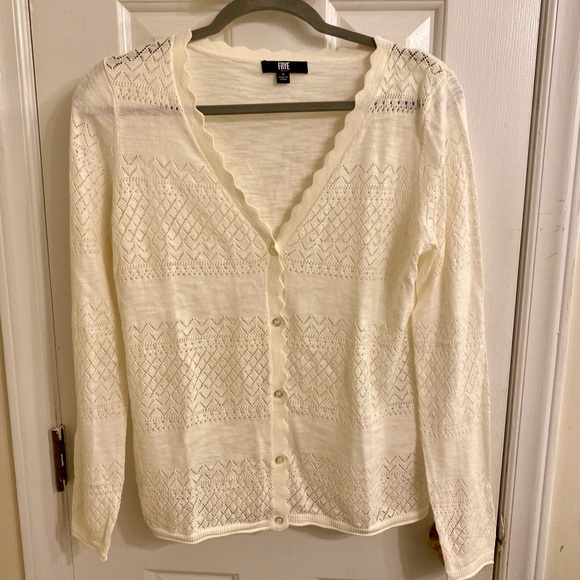 FRYE POINTELLE CREAMY IVORY CARDIGAN SCALLOPED V-NECK BUTTON FRONT SWEATER SMALL - Picture 6 of 16